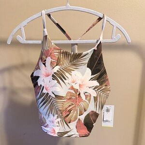 Old Navy Tropical Floral Print Athletic Crop Top - Pink, Brown, White